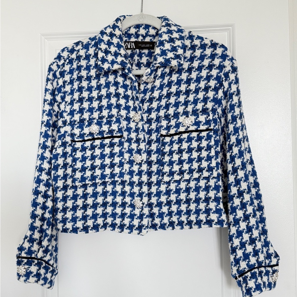 Zara Blue and White Checkered Blazer